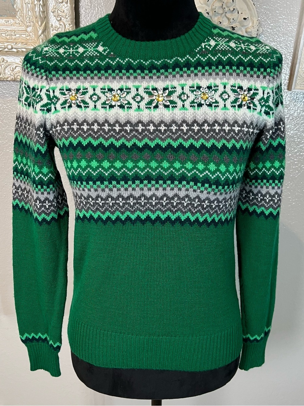 The Limited Green Fair Isle Crewneck Sweater with Rhinestone embellishments - Picture 3 of 10